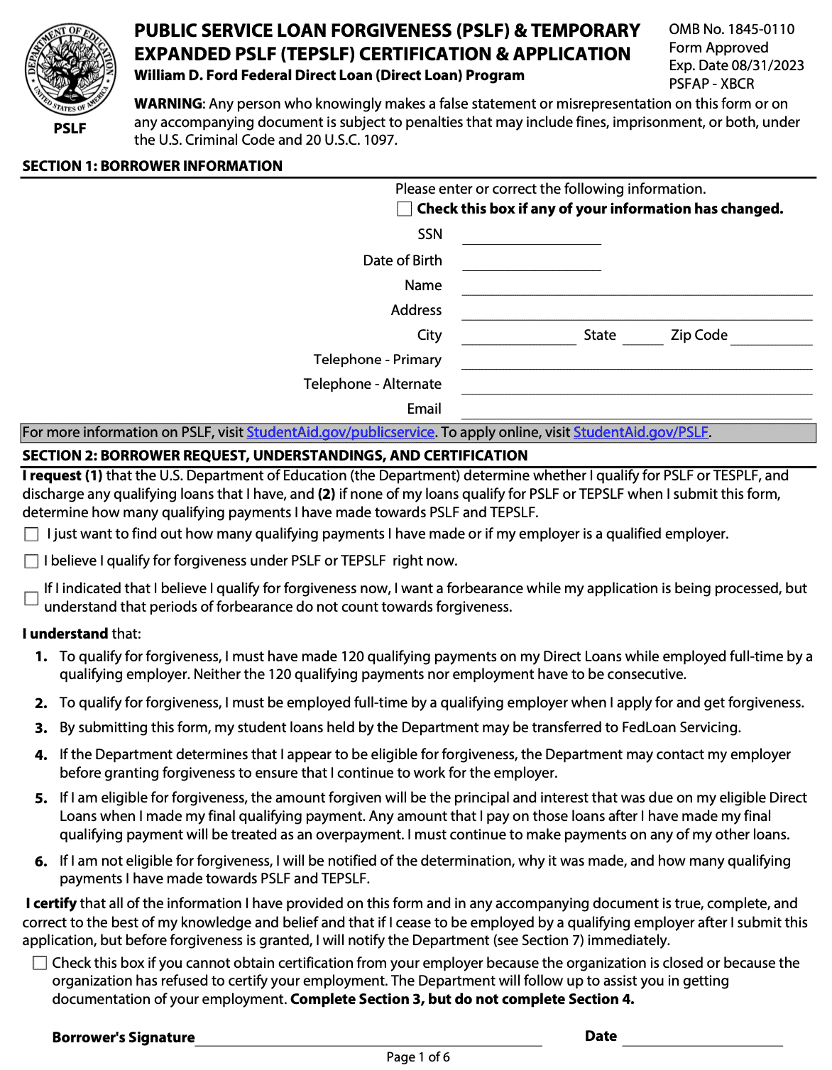 PSLF Form Page 1 for 2022